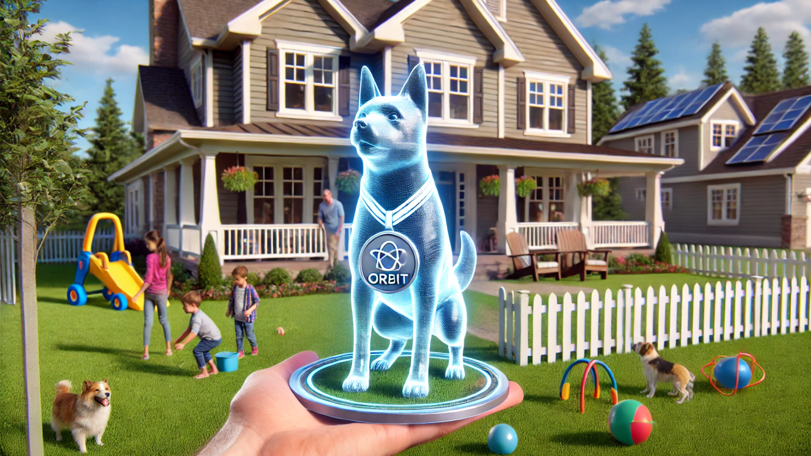 Cyber security dog holograpically appears in hand in front of a beautiful house. 