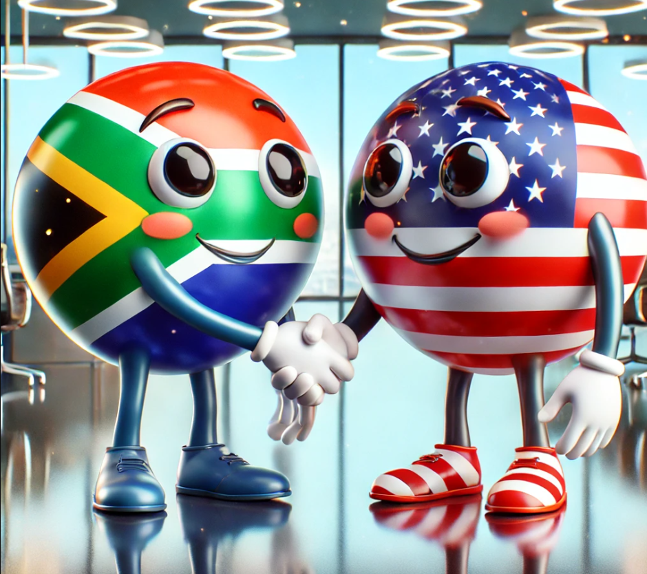 Shiny country balls of South Africa and America joyfully shake hands. 